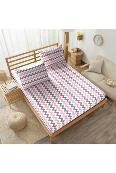 mer-tim ezberbozan ev tekstili Mer-tim Pamuklu Ranforce Tek Kişilik 90x190 Cm Kumaş Lastikli Çarşaf Seti - Pembe Zikzak Desenli ürün görseli 1