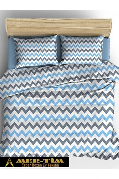 mer-tim ezberbozan ev tekstili Mer-Tim Pamuklu Ranforce Tek Kişilik Mavi-Gri Zikzak 160x220 Nevresim Seti (Çarşaf Dahil Değildir) ürün görseli