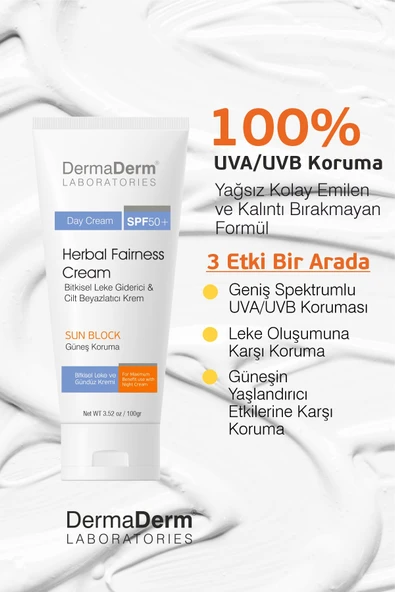 Dermaderm SPF 50+ Bitkisel Leke Giderici Cilt Beyazlatıcı Gündüz Leke Kremi 100 ml.