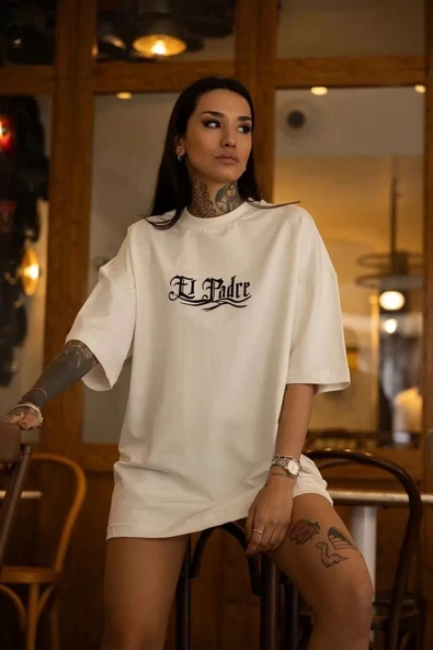 Unisex Bisiklet Yaka Baskılı Oversize T-Shirt - Beyaz ürün görseli 1