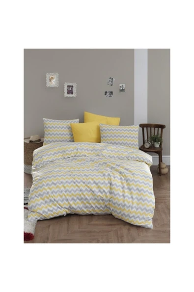 mer-tim ezberbozan ev tekstili Mer-tim Tek Kişilik Lastikli Pamuklu Ranforce Nevresim Takımı 160x220 - Sarı Zikzak Desenli ürün görseli