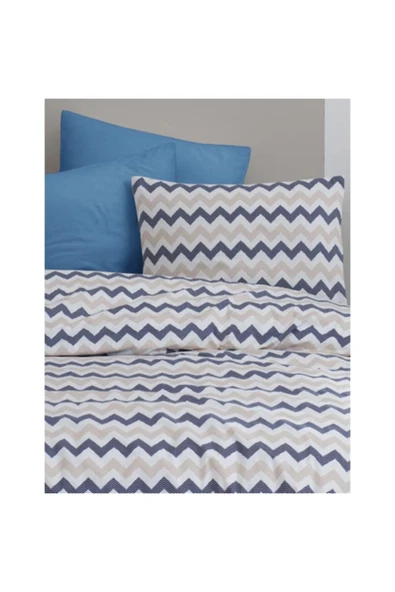 mer-tim ezberbozan ev tekstili Tek Kişilik Lastiksiz Nevresim Takımı Pamuklu Ranforce Mavi Zikzak Desenli 160x220 ürün görseli