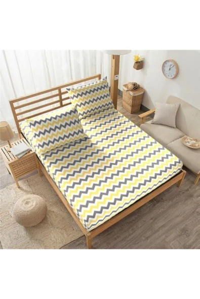 mer-tim ezberbozan ev tekstili Mer-tim Çift Kişilik Battal Boy 180x200 Lastikli Çarşaf Takımı - Sarı Zikzak Desenli ürün görseli 1