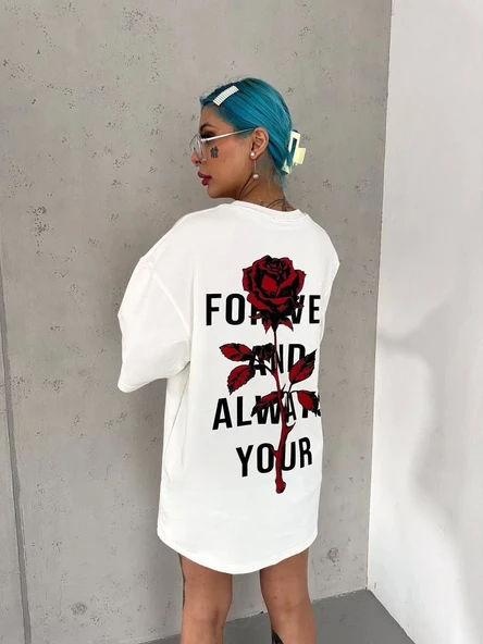 Unisex Bisiklet Yaka Baskılı Oversize T-Shirt - Beyaz - Resim 2