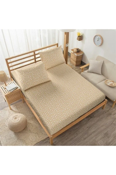 mer-tim ezberbozan ev tekstili Mer-tim Çift Kişilik Jumbo Boy Lastikli Çarşaf Takımı Sütlü Kahve Yıldız Desenli 200x200