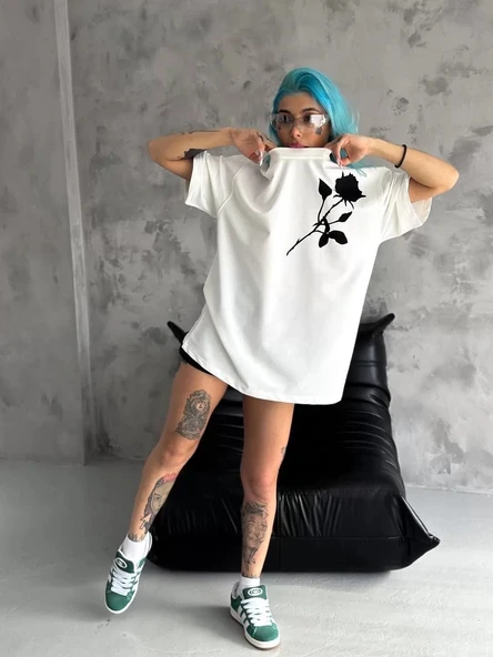 Unisex Bisiklet Yaka Baskılı Oversize T-Shirt - Beyaz - Resim 3