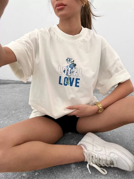 Unisex Bisiklet Yaka Baskılı Oversize T-Shirt - Beyaz ürün görseli 1