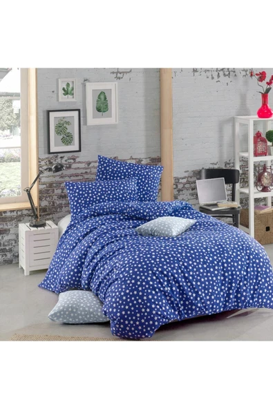 mer-tim ezberbozan ev tekstili Çift Kişilik Lastiksiz Lacivert Yıldız Desenli Pamuklu Ranforce Nevresim Takımı - 200 X 220 - Resim 2