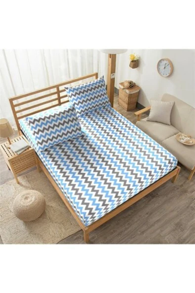 mer-tim ezberbozan ev tekstili Mer-tim Pamuklu Ranforce Tek Kişilik 100x200 Lastikli Çarşaf Takımı - Mavi Zikzak Desenli ürün görseli