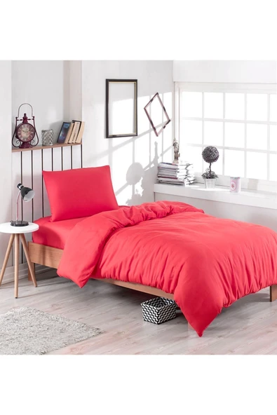 mer-tim ezberbozan ev tekstili Tek Kişilik Lastikli Kırmızı Pamuklu Ranforce Nevresim Takımı - 160x220 ürün görseli