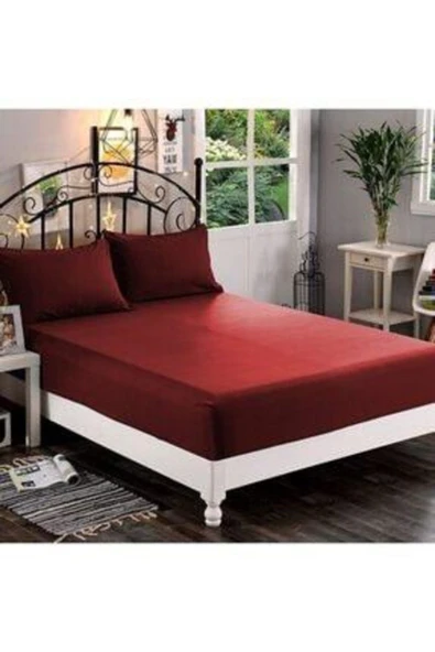 mer-tim ezberbozan ev tekstili Mer-tim Pamuklu Ranforce Çift Kişilik Jumbo Boy 200x200 Lastikli Çarşaf Takımı - Bordo - 1