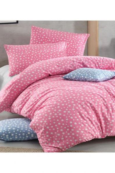 mer-tim ezberbozan ev tekstili Mer-Tim Pamuklu Ranforce Jumbo Boy Pembe Yıldız 240x260 Nevresim Seti (Çarşaf Dahil Değildir) - 1