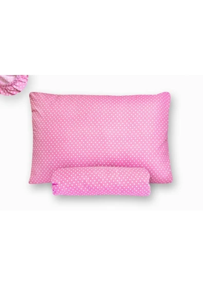 mer-tim ezberbozan ev tekstili Mer-tim Pamuklu Ranforce Tek Kişilik Ara Ölçü Pembe Puantiyeli Lastikli Çarşaf Takımı - 120x200 ürün görseli 1