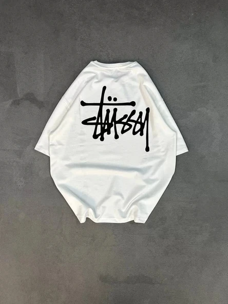 Unisex Bisiklet Yaka Baskılı Oversize T-Shirt - Beyaz - Resim 2