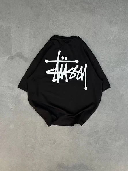 Unisex Bisiklet Yaka Baskılı Oversize T-Shirt - Siyah - Resim 2