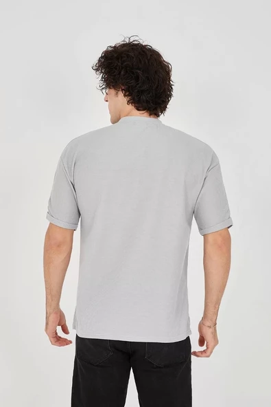 Unisex Waffle Kumaş Rahat Kol T-Shirt - Boyalı Gri - Resim 4