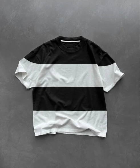 Unisex Bisiklet Yaka Parçalı T-Shirt - Siyah - Resim 2