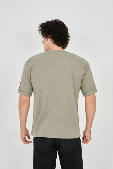 Unisex Jakar Kumaş Rahat Kol T-Shirt - Açık Yeşil - Resim 6