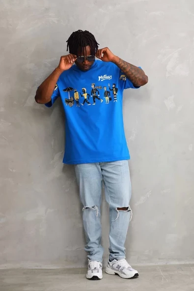 Unisex Bisiklet Yaka Baskılı Oversize T-Shirt - Mavi - Resim 6