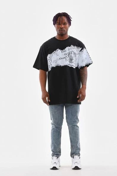 Unisex Bisiklet Yaka Baskılı Oversize T-Shirt - Siyah - Resim 5