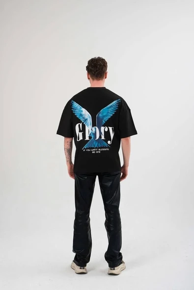 Unisex Bisiklet Yaka Baskılı Oversize T-Shirt - Siyah - Resim 4