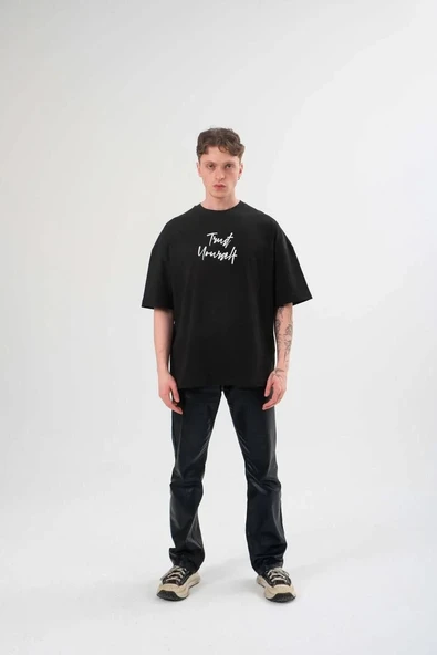 Unisex Bisiklet Yaka Baskılı Oversize T-Shirt - Siyah ürün görseli 1