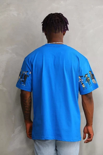 Unisex Bisiklet Yaka Baskılı Oversize T-Shirt - Mavi - Resim 7