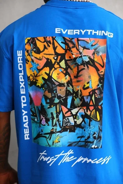 Unisex Bisiklet Yaka Baskılı Oversize T-Shirt - Mavi - Resim 8