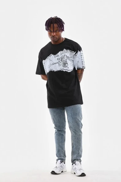 Unisex Bisiklet Yaka Baskılı Oversize T-Shirt - Siyah - Resim 6