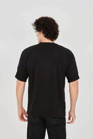 Unisex Jakar Kumaş Rahat Kol T-Shirt - Siyah - Resim 3