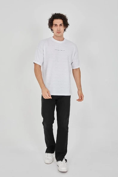 Unisex Jakar Kumaş Rahat Kol T-Shirt - Beyaz - Resim 4