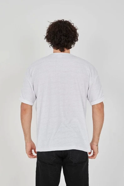 Unisex Jakar Kumaş Rahat Kol T-Shirt - Beyaz - Resim 6