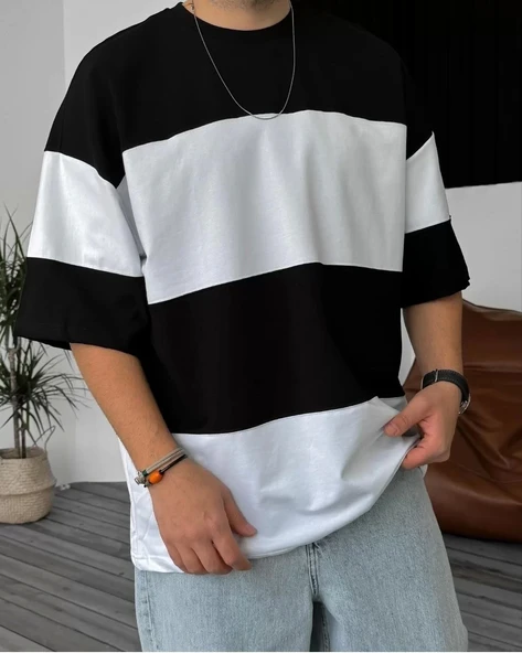 Unisex Bisiklet Yaka Parçalı T-Shirt - Siyah ürün görseli 1