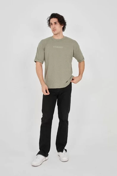 Unisex Jakar Kumaş Rahat Kol T-Shirt - Açık Yeşil - Resim 5