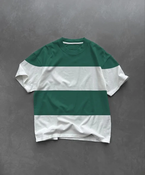 Unisex Bisiklet Yaka Parçalı T-Shirt - Yeşil ürün görseli 1