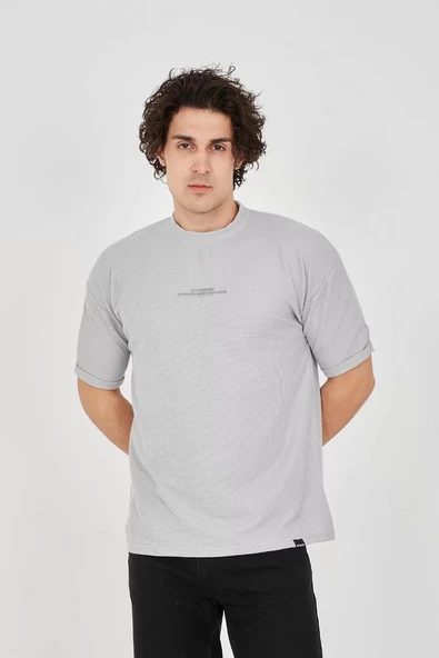 Unisex Waffle Kumaş Rahat Kol T-Shirt - Boyalı Gri ürün görseli 1