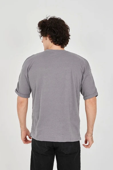 Unisex Jakar Kumaş Rahat Kol T-Shirt - Gri - Resim 3
