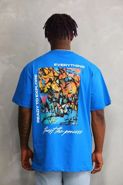 Unisex Bisiklet Yaka Baskılı Oversize T-Shirt - Mavi - Resim 7