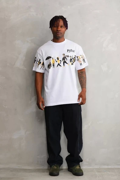 Unisex Bisiklet Yaka Baskılı Oversize T-Shirt - Beyaz - Resim 6