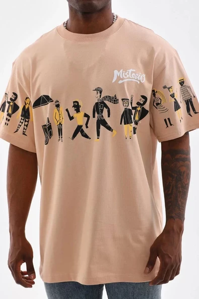 Unisex Bisiklet Yaka Baskılı Oversize T-Shirt - Bej - Resim 2