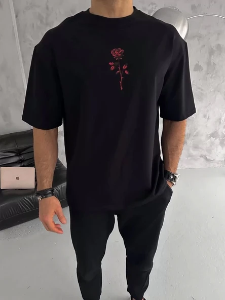 Unisex Bisiklet Yaka Baskılı Oversize T-Shirt - Siyah ürün görseli