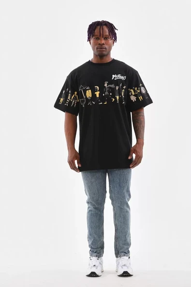 Unisex Bisiklet Yaka Baskılı Oversize T-Shirt - Siyah - Resim 5