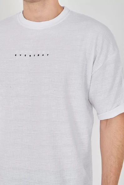 Unisex Jakar Kumaş Rahat Kol T-Shirt - Beyaz - Resim 3