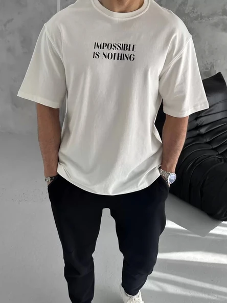 Unisex Bisiklet Yaka Baskılı Oversize T-Shirt - Beyaz ürün görseli 1