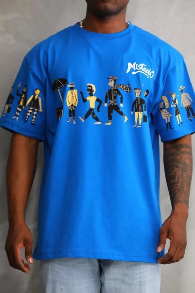 Unisex Bisiklet Yaka Baskılı Oversize T-Shirt - Mavi - Resim 2