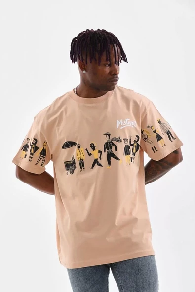 Unisex Bisiklet Yaka Baskılı Oversize T-Shirt - Bej ürün görseli 1