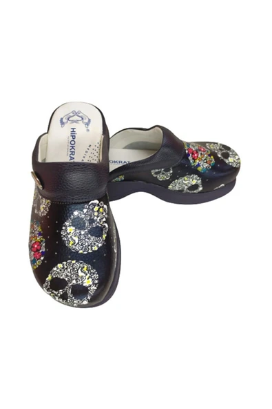 HİPOKRAT Siyah Kuru Kafa Modeli Ortopedik Sabo Terlik Doktor Hemşire Hastane Terliği 35