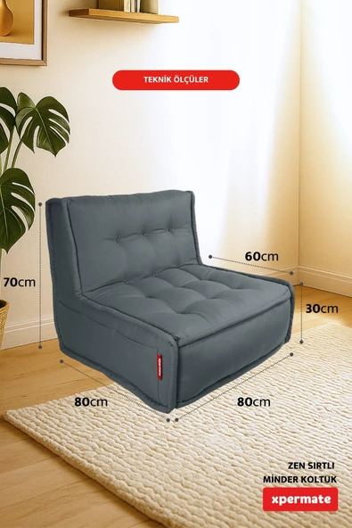 Xpermate Zen Berjer Sırtlı Minder Koltuk İskandinav Tarzı Ergonomik Yer Koltuğu Oturma Minderi 80X60 Antrasit - Resim 2