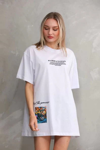Unisex Bisiklet Yaka Baskılı Oversize T-Shirt - Beyaz - Resim 5