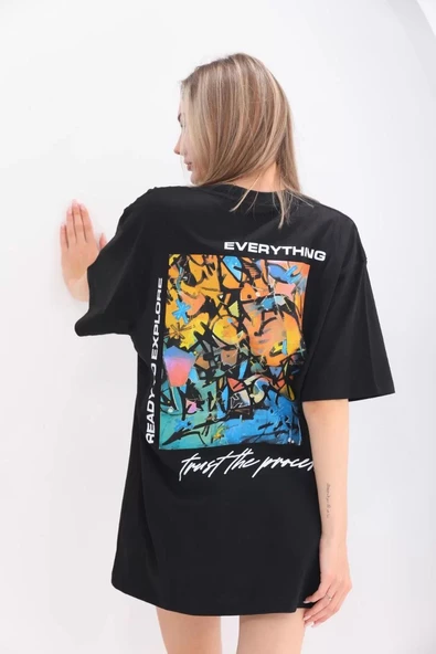 Unisex Bisiklet Yaka Baskılı Oversize T-Shirt - Siyah - Resim 8